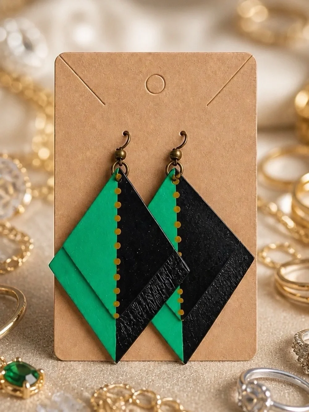 Green & Black Geometric Drop layered Earrings - Women Jewelry
